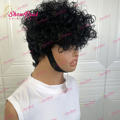 ShowReal Short Curly Pixie Human Hair Wig, Mixed Kinky Curly & Finger Wave Texture, Fashion Short Wigs For Black Women（0530-1B））