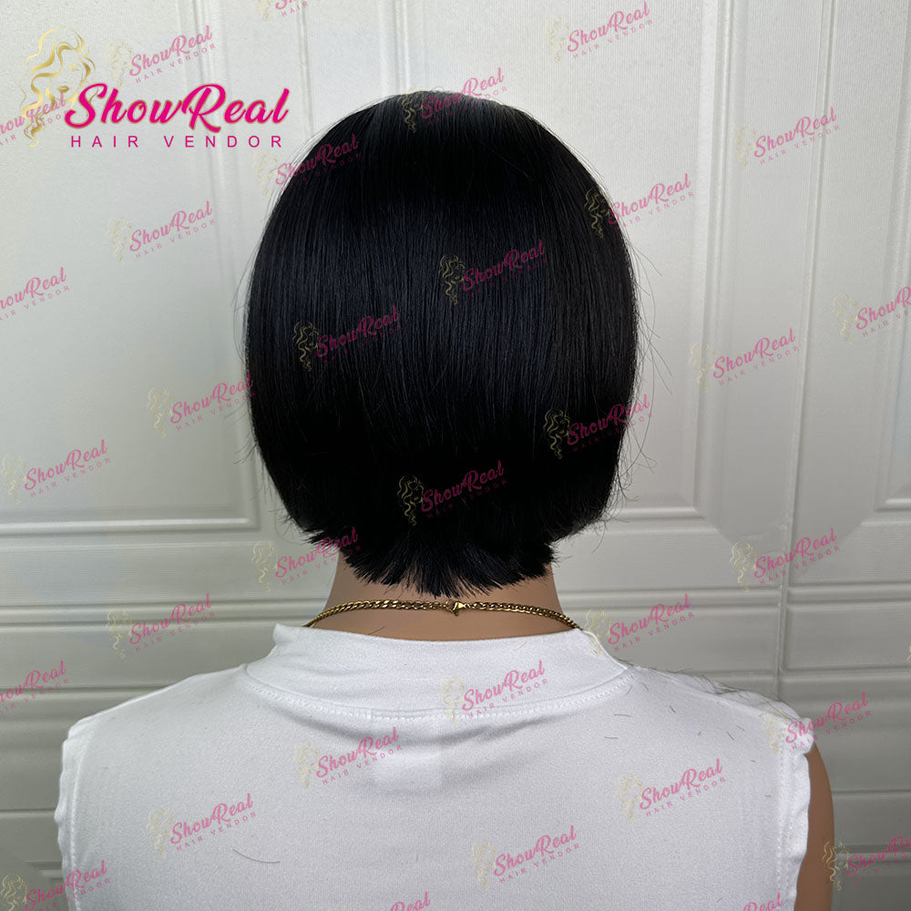 ShowReal Short Bob Wigs Human Hair Straight Black Bob Wig Glueless Wear and Go (0545-1B)