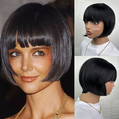 ShowReal Short Bob Wigs Human Hair Straight Black Bob Wig Glueless Wear and Go (0545-1B)