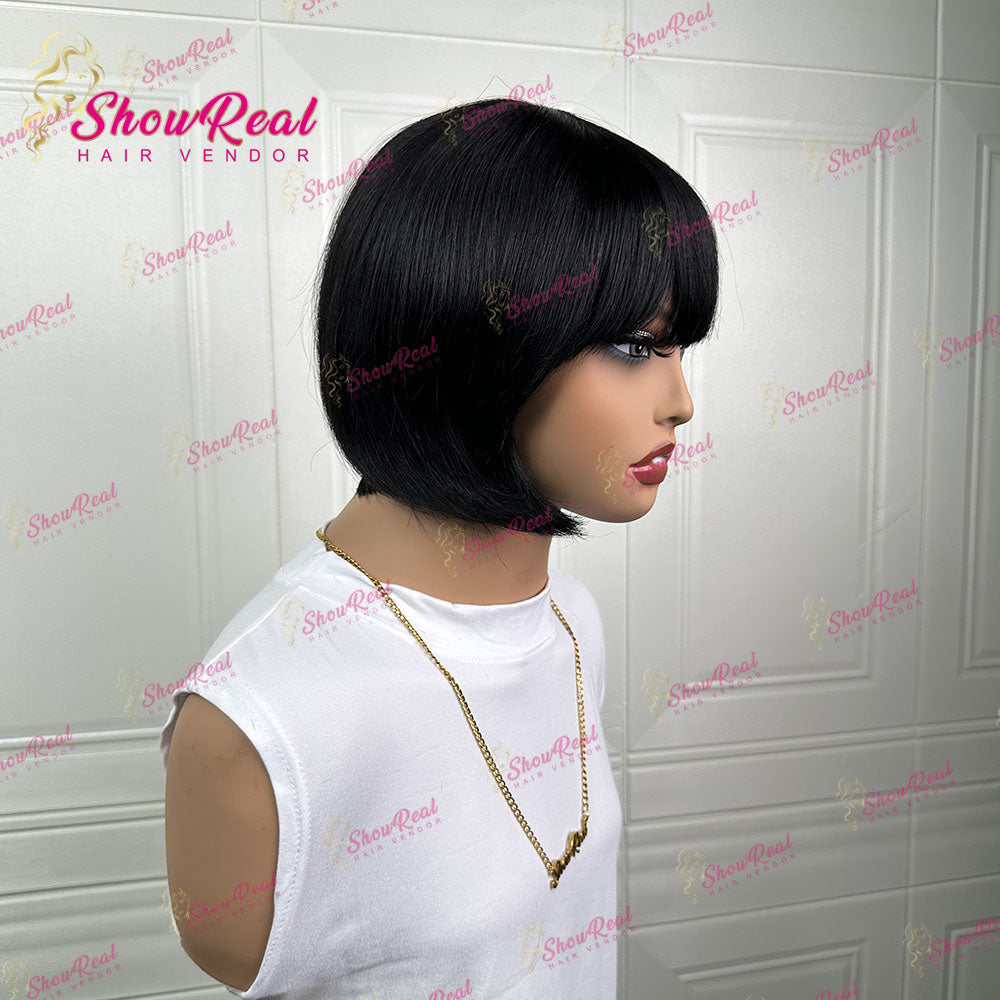 ShowReal Short Bob Wigs Human Hair Straight Black Bob Wig Glueless Wear and Go (0545-1B)