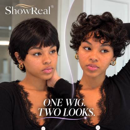 ShowReal 025 Pixie Cut Wig – As Seen on tay_kaedence, Betty Boop Style, 100% Human Hair, Curly or Straight Glueless Wig (025-1B)