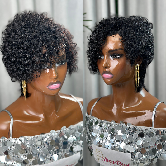 ShowRealHair Glueless Pixie Wig Curly Pixie Cut Wig Human Hair Short Wigs Short Curly Wigs for Women Full and Fluffy Machine Made Wig Human Hair Pixie Cut Glueless Hair Replacement Wig Black Color
