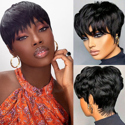 Showreal Pixie Cut Wigs Human Hair for Black Women Short Pixie Cut Wigs 100% Real Human Hair Lightweight Glueless Natural Black Layered Pixie Wig(036-1B)