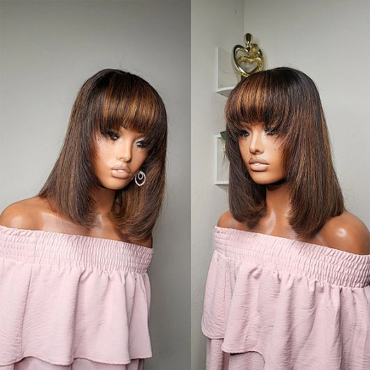 ShowReal Blonde Short BOB 3x1 Middle Lace Part Glueless Human Hair Wig Ready To Go Brazilian 1b/30 Straight Human Hair With Bangs For Women
