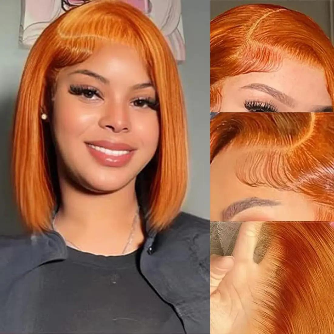 350 Ginger Color Bob Wig Human Hair Straight Short Bob Lace Front Wigs Human Hair 13x4 Transparent Full Lace Frontal Bob Wigs for Black Women Human Hair Pre Plucked Ombre Burgundy Color 180% Density