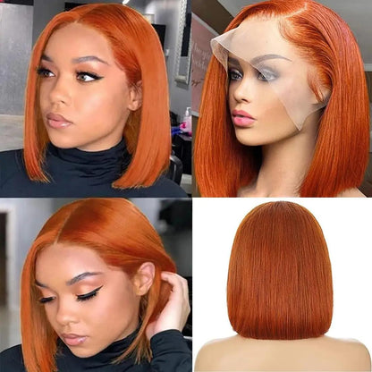 350 Ginger Color Bob Wig Human Hair Straight Short Bob Lace Front Wigs Human Hair 13x4 Transparent Full Lace Frontal Bob Wigs for Black Women Human Hair Pre Plucked Ombre Burgundy Color 180% Density