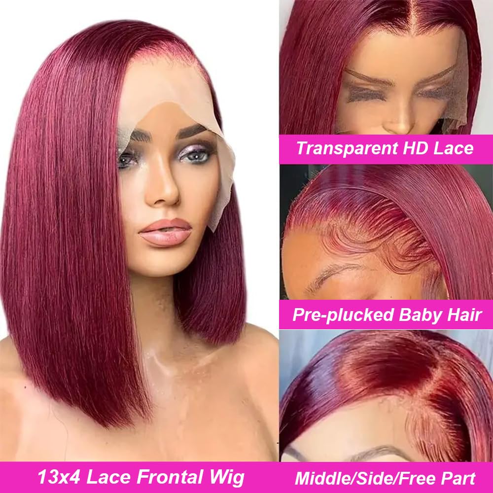 99j Burgundy Bob Wig Human Hair 13x4 Lace Front Wigs for Black Women Burgundy Straight Short Bob Wig Human Hair Pre Plucked 180% Density HD Transpaent Lace Frontal Wig 99j Wine Red Short Bob 10 inch