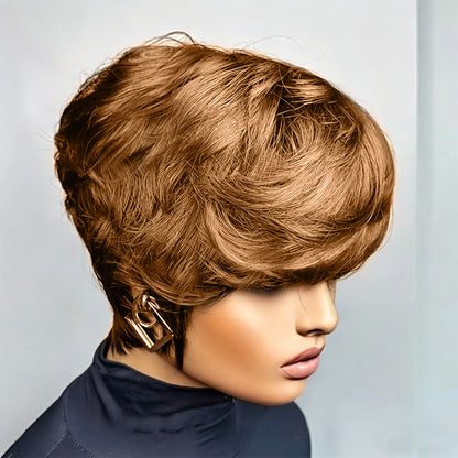 ShowReal Pixie Cut Wig Bold Textured Bangs for Black Women Human Hair Short cut Wig Layered None Lace Front Glueless Full Machine Made Wig with Bangs 180% Density #30 Color (0516-30)
