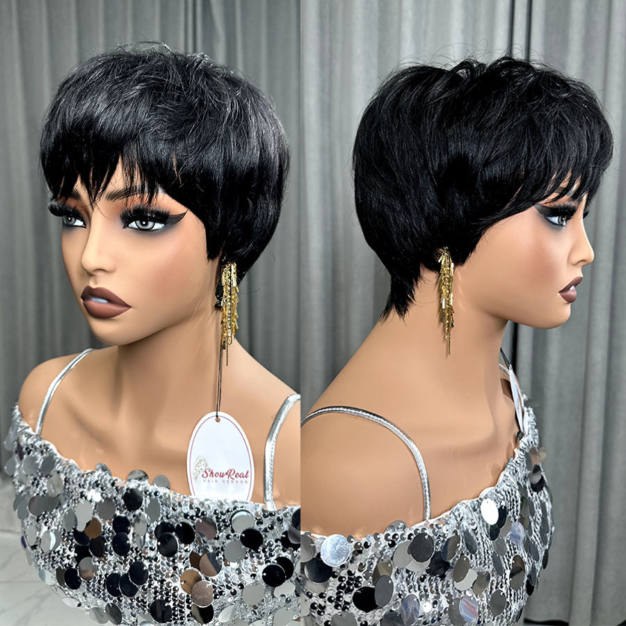 ShowReal Short Straight Pixie Cut Human Hair Wig with Bangs Natural Looking Gorgeous Fluffy Human Hair Wigs for Women Human Hair Full Machine Wigs for Party, Daily Use