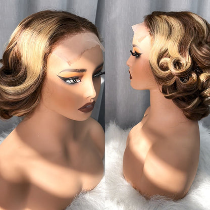 Customized Wig 13x4 Lace Front Wig Short Bob Style 4/27 Pre Plucked Loose Wave Curly Human Hair Wig 12 Inches for Women Girls