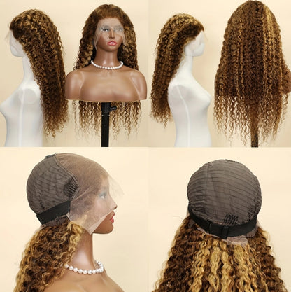 ShowReal 30 Inch Honey Blonde Ombre Lace Front Wig  13x4 Deep Wave Highlight Lace Front Wigs P4/27 HD Deep Wave Lace Frontal for Women with Baby Hair