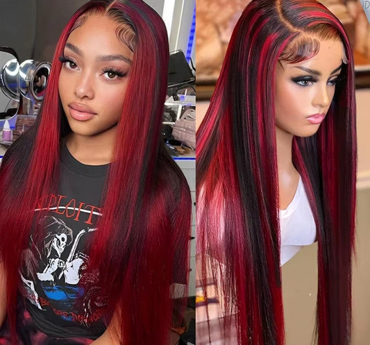 ShowReal Ombre Highlight 13x4 Straight Lace Front Wig Black And Burgundy Wig Human Hair 13x6 Hd Lace Frontal Wigs 99J Bone Straight Human Hair Wigs 180% Density