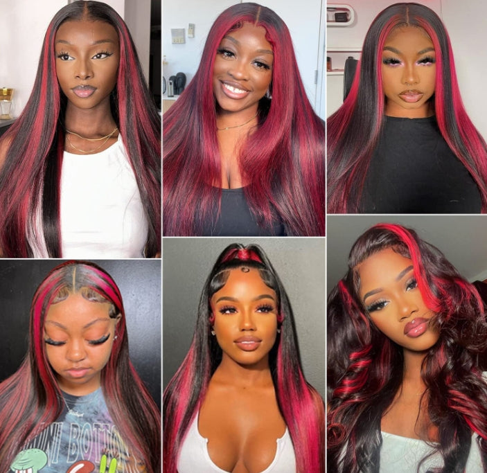 ShowReal Ombre Highlight 13x4 Straight Lace Front Wig Black And Burgundy Wig Human Hair 13x6 Hd Lace Frontal Wigs 99J Bone Straight Human Hair Wigs 180% Density