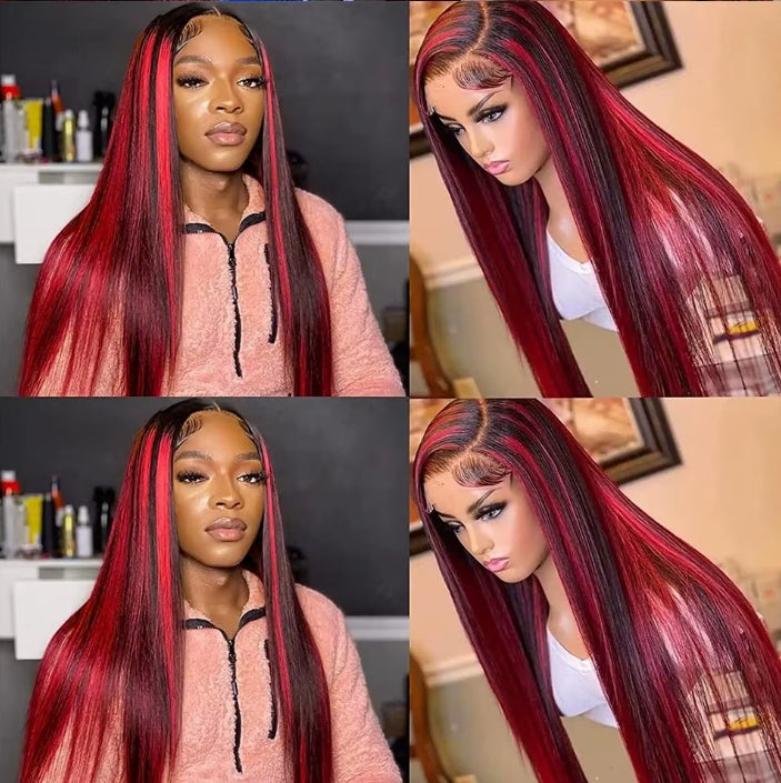 ShowReal Ombre Highlight 13x4 Straight Lace Front Wig Black And Burgundy Wig Human Hair 13x6 Hd Lace Frontal Wigs 99J Bone Straight Human Hair Wigs 180% Density