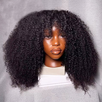 ShowReal Afro Kinky Curly Human Hair Wig with Bangs Full Machine Made Wig Glueless Virgin Brazilian Afro Curly Wigs for Black Women 200% Density Natural Color 12 inch 24 inch
