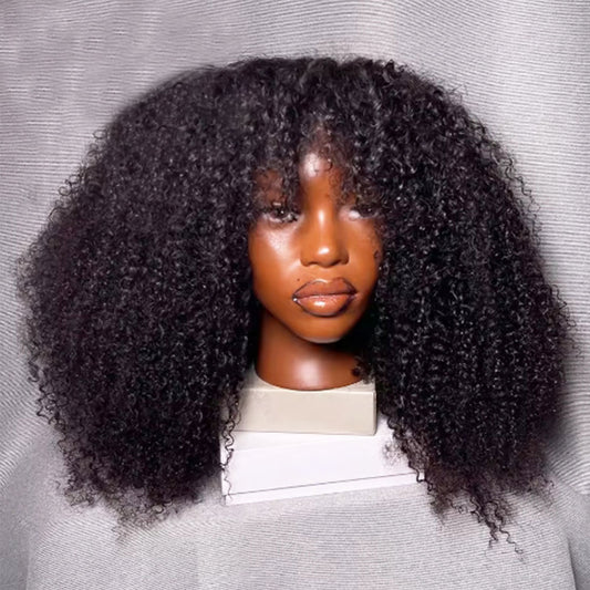 ShowReal Afro Kinky Curly Human Hair Wig with Bangs Full Machine Made Wig Glueless Virgin Brazilian Afro Curly Wigs for Black Women 200% Density Natural Color 12 inch 24 inch