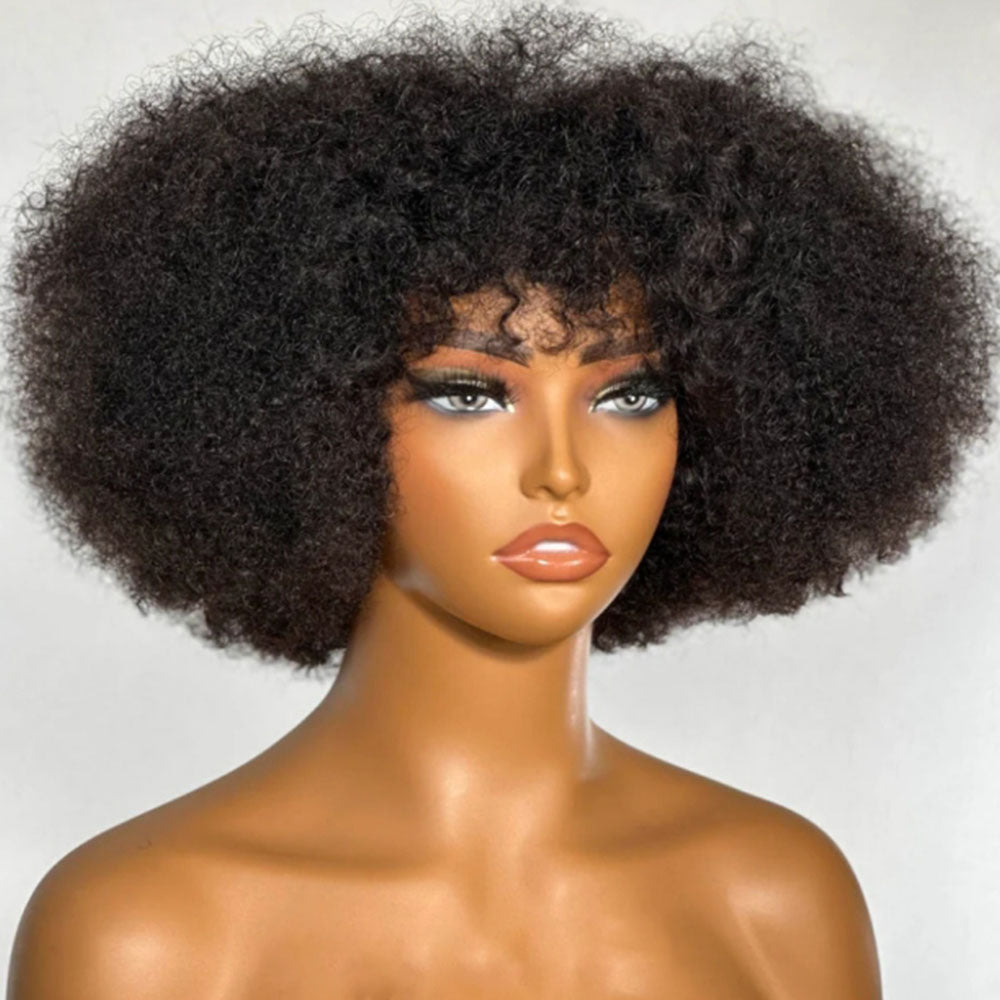 ShowReal Afro Kinky Curly Human Hair Wig with Bangs Full Machine Made Wig Glueless Virgin Brazilian Afro Curly Wigs for Black Women 200% Density Natural Color 12 inch 24 inch