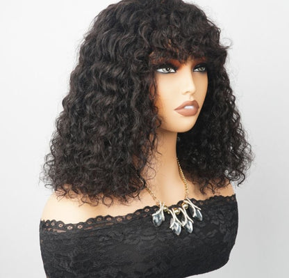 ShowReal Curly Human Hair Wigs With Bangs Curly Bob Wigs 200% Density Virgin Human Hair Full Machine Made Wig For Black Women Brazilian Curly Bob Wigs Natural Color 12 Inch 14 Inch