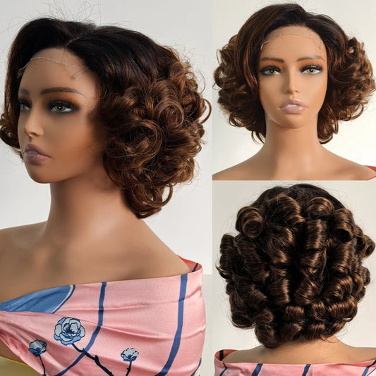 ShowReal 12A Short Curly Human Hair Wig Coiled Bob Lace Closure Wigs 200% Density Body Weave Wear and Go Ombre Bouncy Curly 5x5 HD Lace Closure Wigs