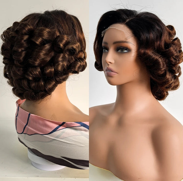 ShowReal 12A Short Curly Human Hair Wig Coiled Bob Lace Closure Wigs 200% Density Body Weave Wear and Go Ombre Bouncy Curly 5x5 HD Lace Closure Wigs