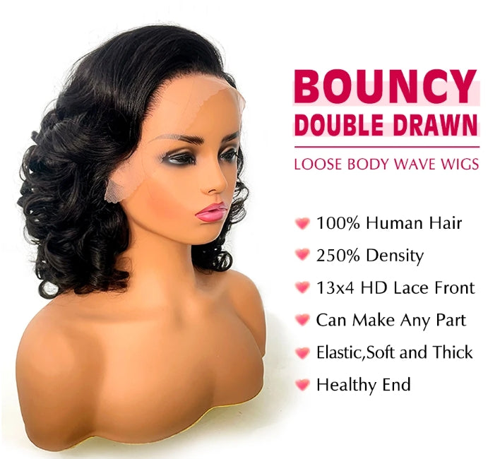 ShowReal Vietnames 250% Density Double Drawn Bouncy Loose Wave 13X4 HD Lace Glueless 30" Raw Human Hair Lace Frontal wigs