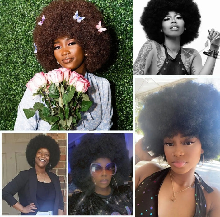 Customized Wig 180% Density Short Afro Curly Human Hair Wigs for Black Women Fluffy Natural 70s Afro Puff Wig with Bangs