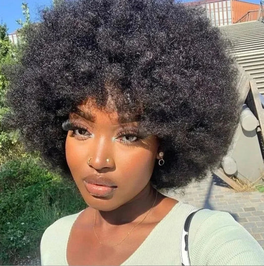 Customized Wig 180% Density Short Afro Curly Human Hair Wigs for Black Women Fluffy Natural 70s Afro Puff Wig with Bangs