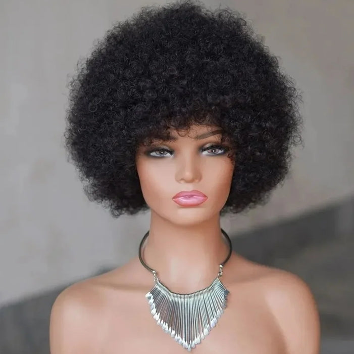 Customized Wig 180% Density Short Afro Curly Human Hair Wigs for Black Women Fluffy Natural 70s Afro Puff Wig with Bangs