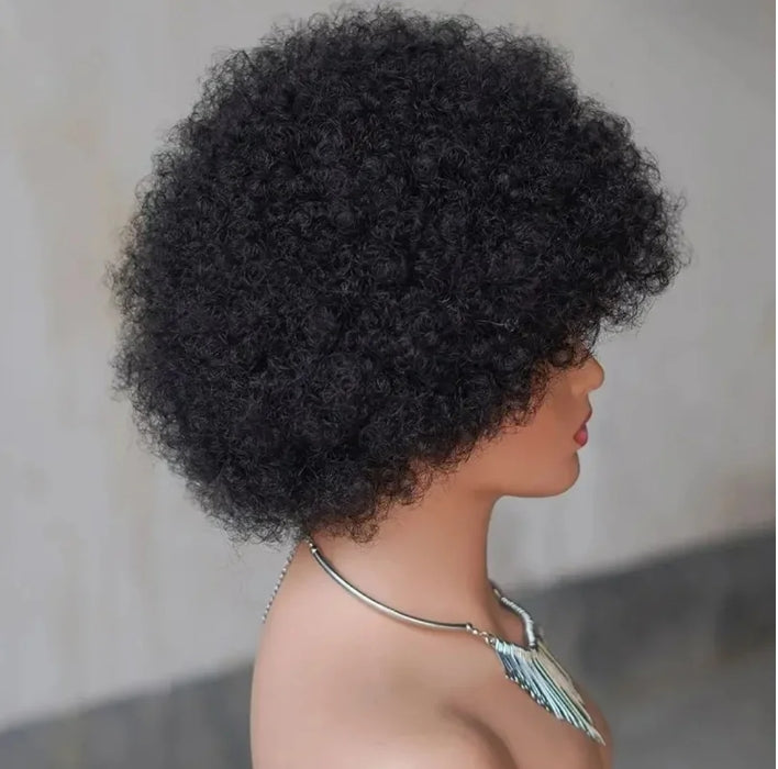 Customized Wig 180% Density Short Afro Curly Human Hair Wigs for Black Women Fluffy Natural 70s Afro Puff Wig with Bangs