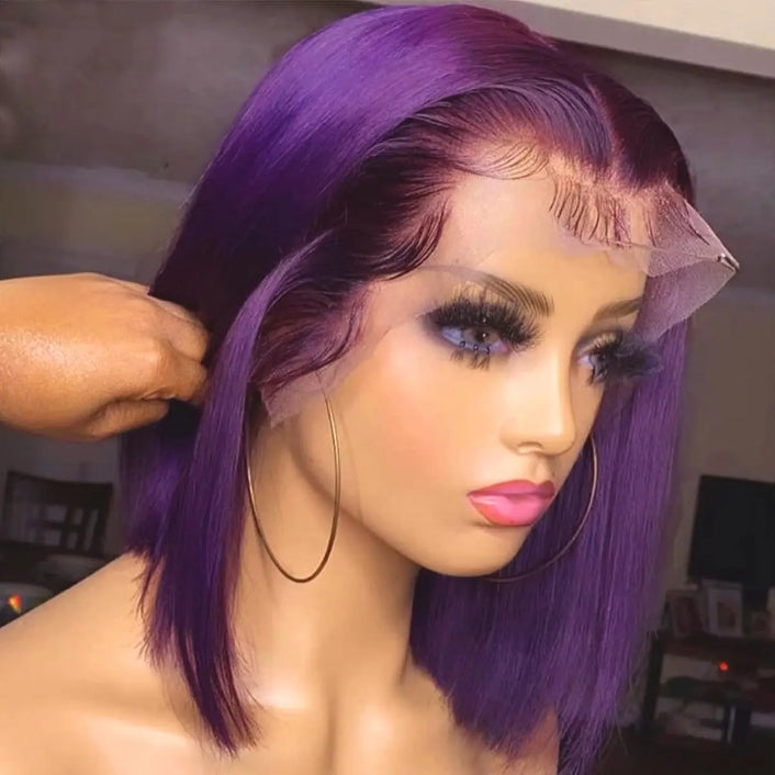 Customized Wig Dark Purple Bob 13x4 Lace Front Wig Human Hair Pre Plucked Natural Hairline HD Transparent Lace Frontal Colored Bob for Women Short Straight Purple Bob Wigs 10 Inch 180% Density