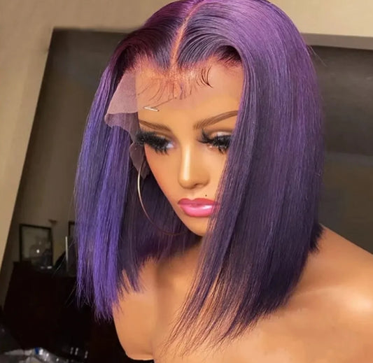 Customized Wig Dark Purple Bob 13x4 Lace Front Wig Human Hair Pre Plucked Natural Hairline HD Transparent Lace Frontal Colored Bob for Women Short Straight Purple Bob Wigs 10 Inch 180% Density