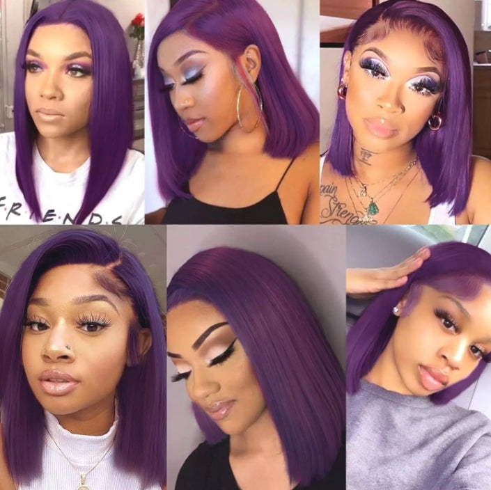 Customized Wig Dark Purple Bob 13x4 Lace Front Wig Human Hair Pre Plucked Natural Hairline HD Transparent Lace Frontal Colored Bob for Women Short Straight Purple Bob Wigs 10 Inch 180% Density