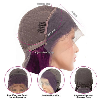 Customized Wig Dark Purple Bob 13x4 Lace Front Wig Human Hair Pre Plucked Natural Hairline HD Transparent Lace Frontal Colored Bob for Women Short Straight Purple Bob Wigs 10 Inch 180% Density