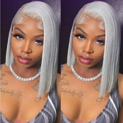 Customized Wig Grey Bob Wig Human Hair Glueless 13x4 Transparent Lace Bob Frontal Human Hair Wigs For Black Women 180% Density Pre Plucked Baby Hair Grey Short Bob Wig