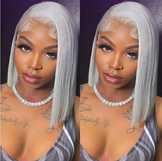 Customized Wig Grey Bob Wig Human Hair Glueless 13x4 Transparent Lace Bob Frontal Human Hair Wigs For Black Women 180% Density Pre Plucked Baby Hair Grey Short Bob Wig