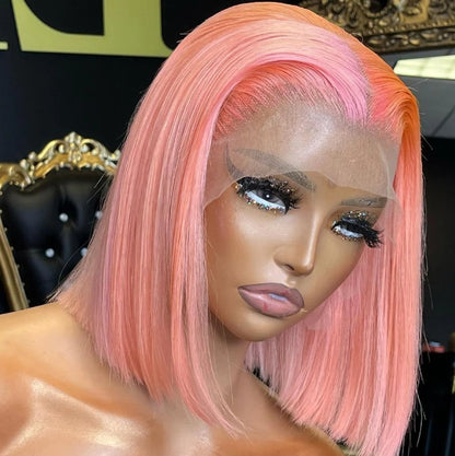 Customized Wig Pink Bob Wig Human Hair 13x4 Transparent Lace Bob Frontal Human Hair Wigs For Black Women 180% Density Pre Plucked Baby Hair Pink Short Bob Wig