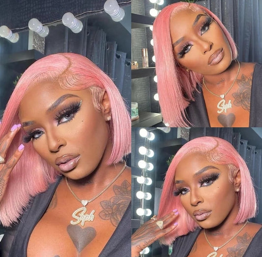 Customized Wig Pink Bob Wig Human Hair 13x4 Transparent Lace Bob Frontal Human Hair Wigs For Black Women 180% Density Pre Plucked Baby Hair Pink Short Bob Wig