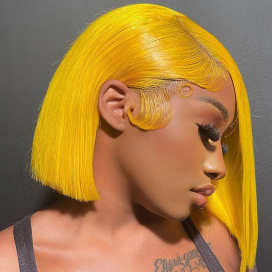 Customized Wig Yellow Wig Human Hair 13x4 Transparent Lace Bob Frontal Human Hair Wigs For Black Women 180% Density Pre Plucked Baby Hair Pink Short Bob Wig