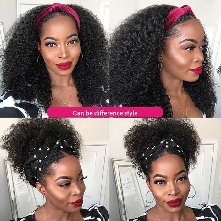 ShowReal Kinky Curly Human Hair Headband Wig For Black Women 180% Density Glueless Brazilian Remy Jerry Curl Full Machine Made Hair No Glue Ready To Wear Natural Brazilian Wigs With Headband