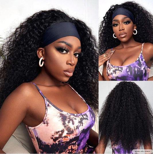 ShowReal Kinky Curly Human Hair Headband Wig For Black Women 180% Density Glueless Brazilian Remy Jerry Curl Full Machine Made Hair No Glue Ready To Wear Natural Brazilian Wigs With Headband