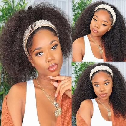 ShowReal Kinky Curly Human Hair Headband Wig For Black Women 180% Density Glueless Brazilian Remy Jerry Curl Full Machine Made Hair No Glue Ready To Wear Natural Brazilian Wigs With Headband