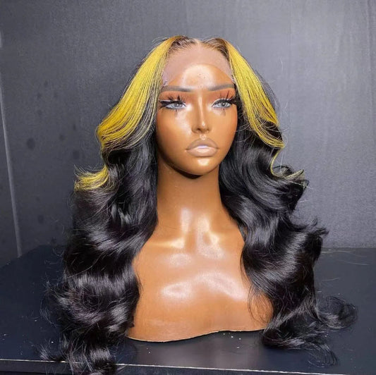 Customized Wig Natural Black with Yellow Highlight 13X4 4x4 Lace Frontal Wig Human Hair Transparent Body Wave Pre Plucked Hair Wig for Women 180% Density