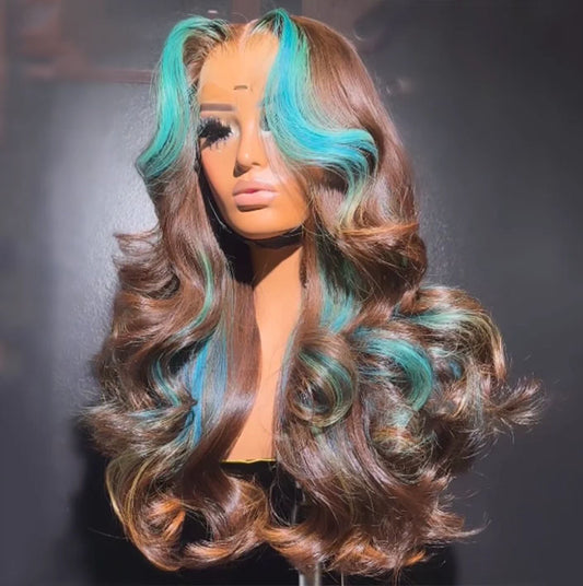 Customized Wig Brown with Tiffany Blue Highlight 13X4 4X4 Lace Frontal Wig Human Hair Transparent Body Wave Pre Plucked Hair Wig for Women 180% Density