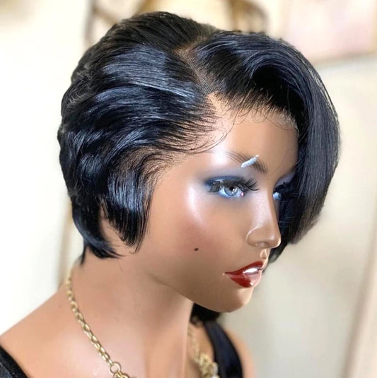 ShowReal Pixie Cut Wigs Human Hair 13x4 Short Pixie Cut Lace Front Wig for Women Black Pixie Cut Transparent Frontal Wig Layered Straight Hair 180% Density