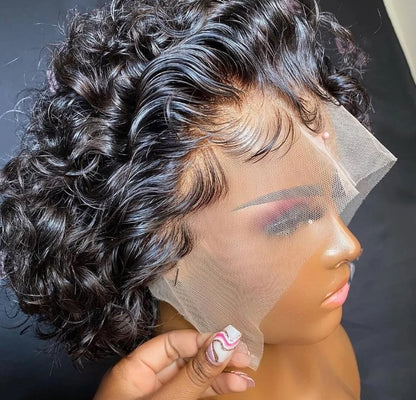 ShowReal Short Pixie Cut Wigs 13x1 Pixie Curly Human Hair Wigs Curly Bob Wigs Brazilian Human Hair 180% Density 13X1 Lace Wigs For Women