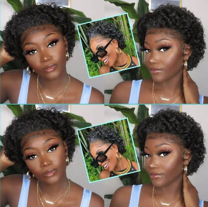 ShowReal Short Pixie Cut Wigs 13x1 Pixie Curly Human Hair Wigs Curly Bob Wigs Brazilian Human Hair 180% Density 13X1 Lace Wigs For Women