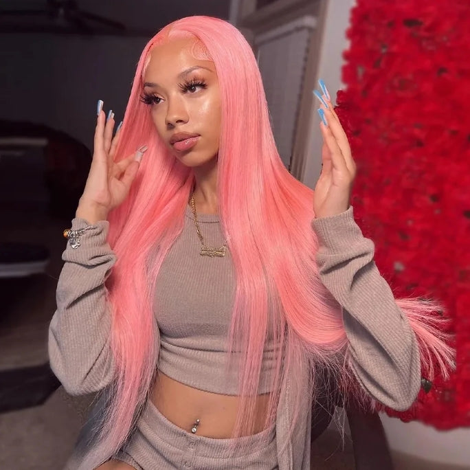 Customized Wig Pink Straight 13X4 Transparent Lace Frontal Wigs Brazilian 180% Lace Front Wig Colored Human Hair Wigs For Women Pre Plucked