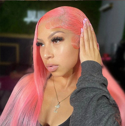 Customized Wig Pink Straight 13X4 Transparent Lace Frontal Wigs Brazilian 180% Lace Front Wig Colored Human Hair Wigs For Women Pre Plucked