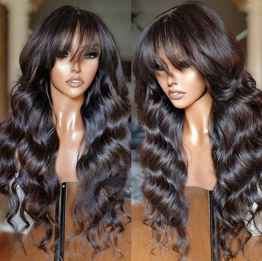 ShowReal Body Wave Human Hair Wigs with Bangs 3X1 Middle Part Lace Wig Pre Plucked Body Wave Glueless Wig Machine Made Wigs For Women