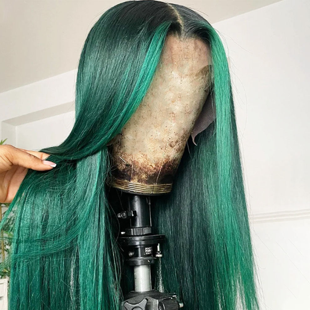 Customized Wig Highlight Emerald Green Colored 180% Bone Straight 13x4 Lace Frontal Wigs Human Hair Pre Plucked 4x4 Closure Wigs For Women
